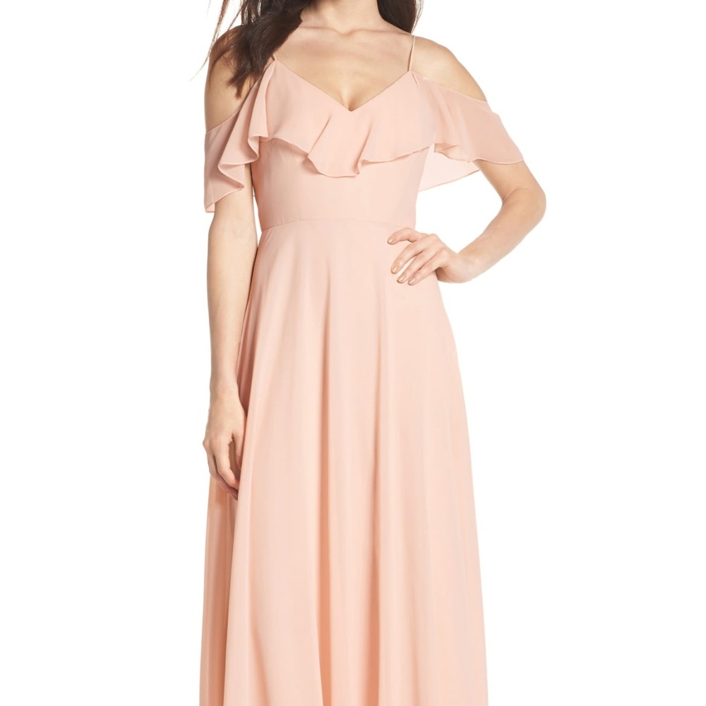 Jenny Yoo Cold Shoulder Chiffon Gown in Blush Sz 6